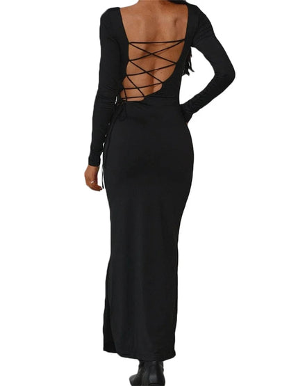 Sexy Women Backless Hollow Out Criss-cross Tie-up   Sleeve Black Solid Slim Fit Party  Vestidos