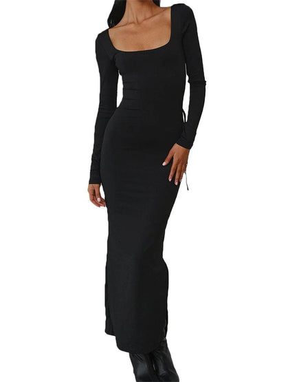 Sexy Women Backless Hollow Out Criss-cross Tie-up   Sleeve Black Solid Slim Fit Party  Vestidos