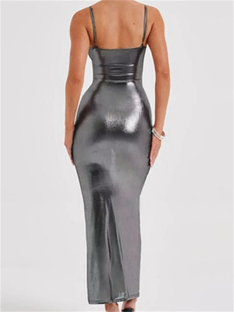 Sexy Women Bodycon  Solid Metallic Sleeveless Strap Summer Backless Party Female Vestidos Streetwear