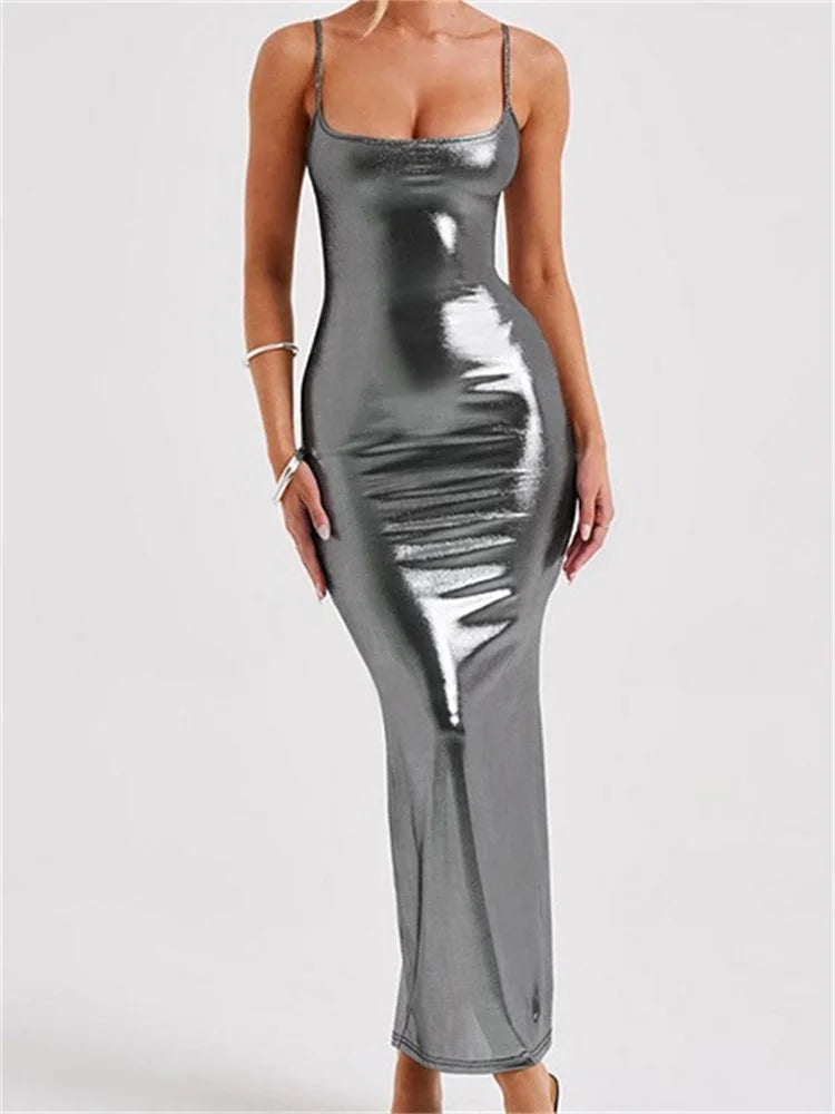 Sexy Women Bodycon  Solid Metallic Sleeveless Strap Summer Backless Party Female Vestidos Streetwear