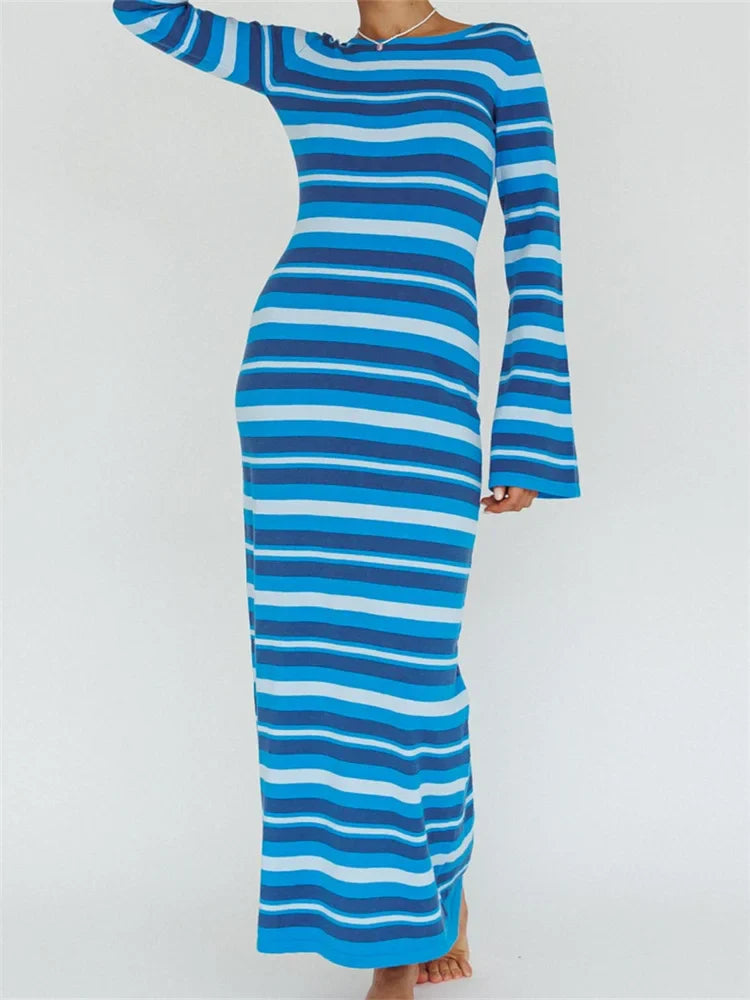 Sexy Women Knitted   Sleeve Crew Neck Backless Tie-up Striped Print Slim Fit Spring Fall Vestidos