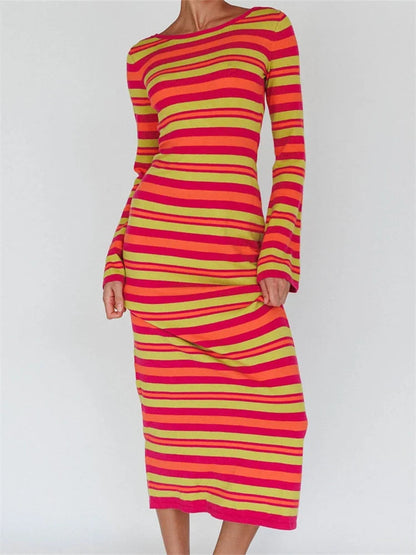 Sexy Women Knitted   Sleeve Crew Neck Backless Tie-up Striped Print Slim Fit Spring Fall Vestidos