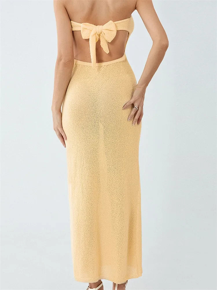 Sexy Women Knitted Tube  Strapless Off Shoulder Solid Summer  Tie-up Backless Beach Female Vestidos