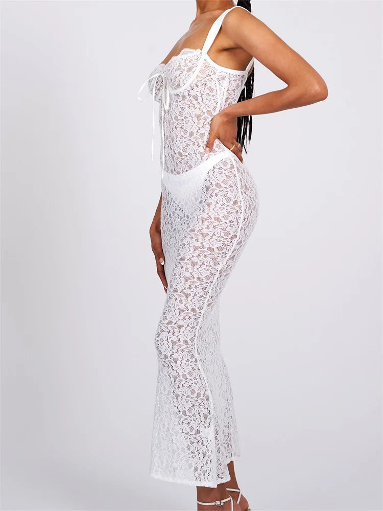 Sexy Women Lace Floral  Sling Mesh See-Through Sleeveless Strap Low Cut Summer Backless Party Vestido