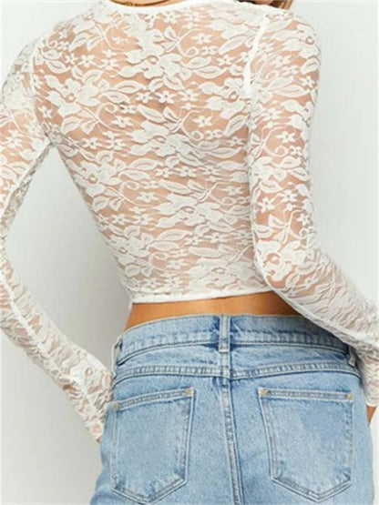 Solid Color Lace Floral Front Cutout Slim Fit T-Shirts