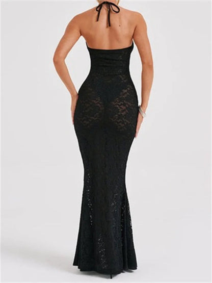 Sexy Women Lace  Sexy Mesh See Through Summer Off Shoulder V-neck Halter Black Beach Female Vestidos