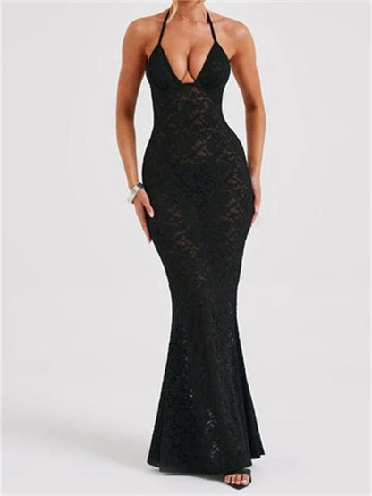 Sexy Women Lace  Sexy Mesh See Through Summer Off Shoulder V-neck Halter Black Beach Female Vestidos