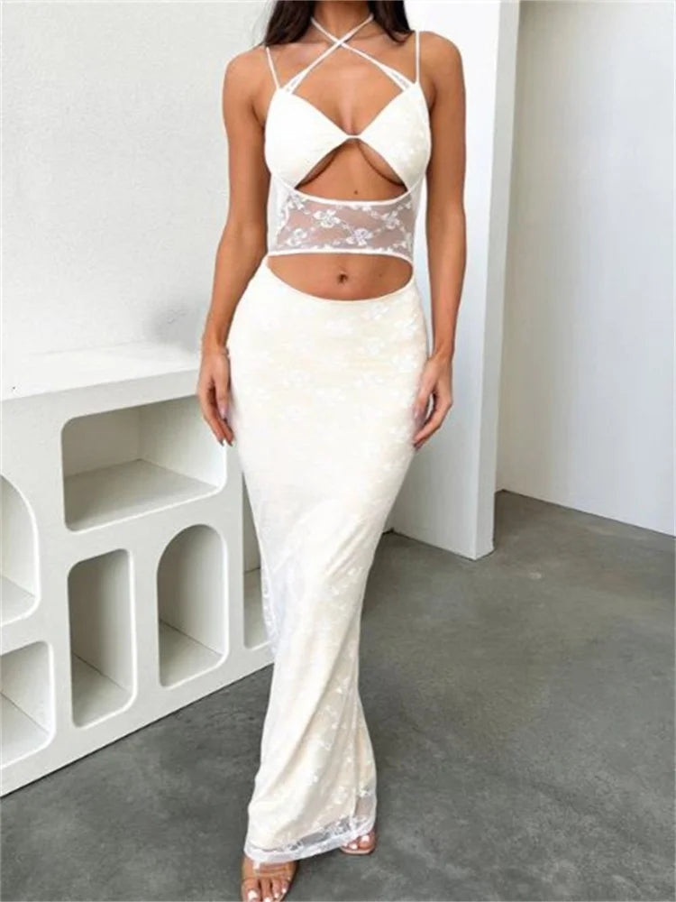 Sexy Women Lace See Through  Sleeveless Spaghetti Strap Cutout Elegant Party Female Vestidos  New