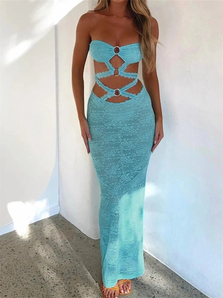 Sexy Women  Lace Hollow-Out Strapless Off Shoulder Tube Summer Backless Fashion Party Female Vestidos