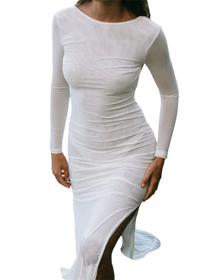 Sexy Women   Sleeve Crew Neck Backless Solid Color Slim Fit Side Split Beach Party Female Vestido