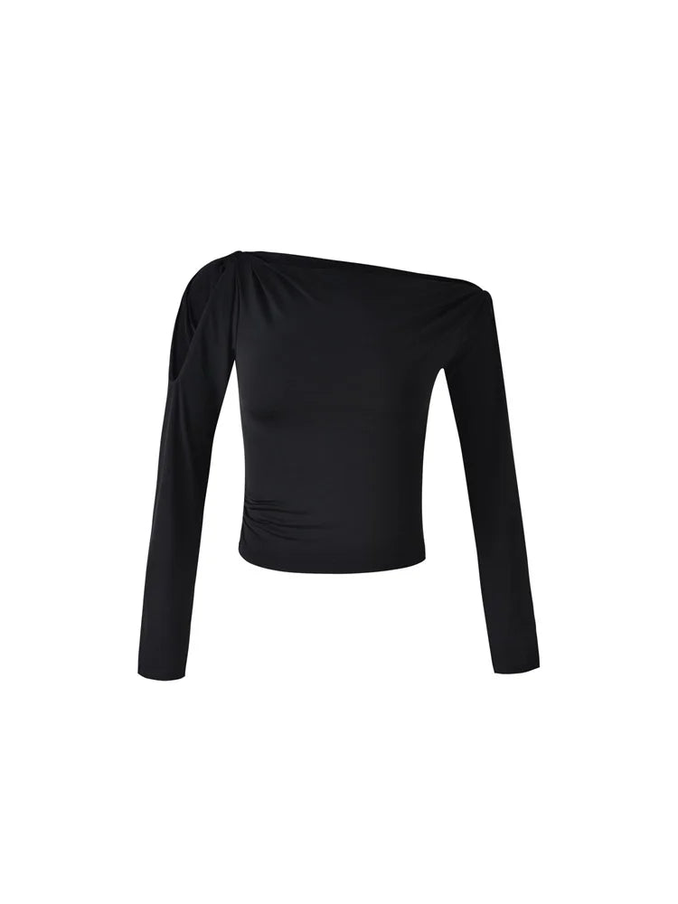 Sexy Off Shoulder Long Sleeve  Neck Solid Color Slim Fit  T-shirts