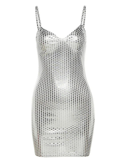 Sexy Shiny Summer Party Fashion Sleeveless Spaghetti Mini Dress