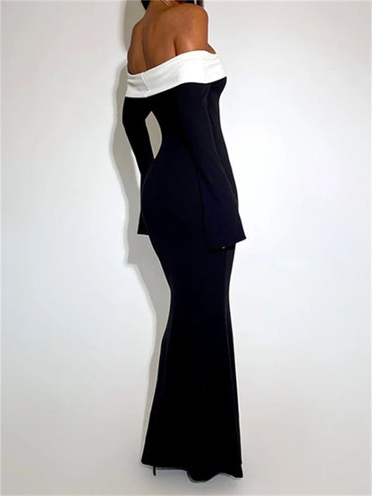 Sexy Women Slash Neck Off Shoulder   Sleeve Contrast Color Slim Fit Party Formal Female Vestidos