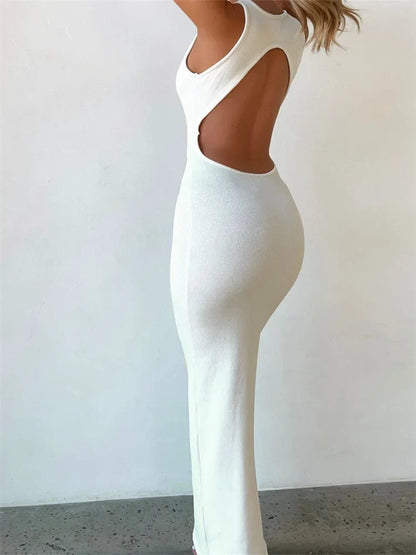 Sexy Women Sleeveless Evening  White Backless Hollow Out Summer Party Club Female Vestidos Streetwear