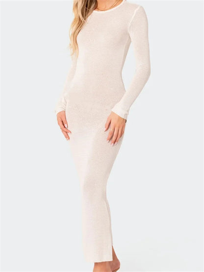 Sexy Women Summer Autumn Party  Solid Round Neck  Sleeve Backless Knitted Female Vestido Clubwear