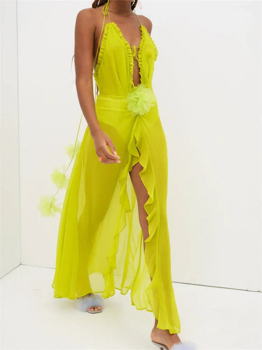 Sexy Women Summer Beach  Sleeveless Halter Tie-up Backless See-through Flower Split Ruffles Vestidos