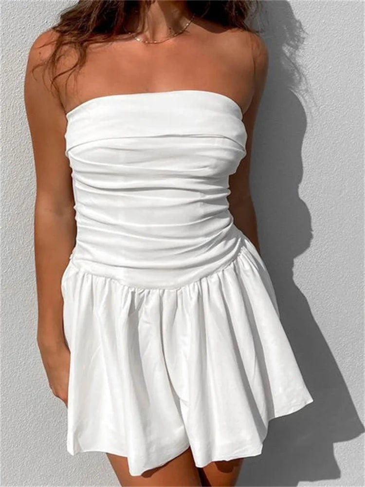 Sexy Summer Tube Strapless Off Shoulder Solid Ruched Mini Dress