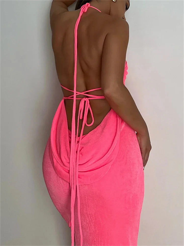 Sleeveless Backless Drawstring Hollow Out Sexy Split    Summer Women Party Y2K Beach Vestidos