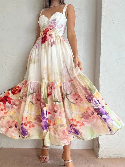 Vintage Women High Waist Sleeveless Strap Lace Push Up Flower Print Summer  Beach Female Vestido