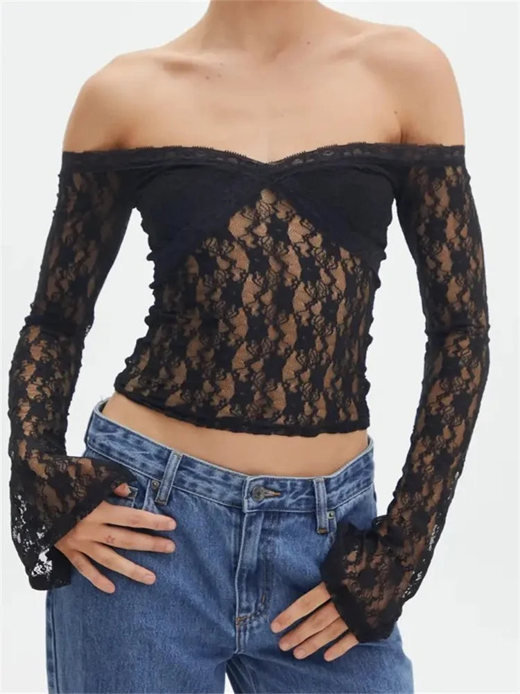 Vintage Lace Crop Tops Long Sleeve Off-Shoulder Casual Pullovers T-shirts