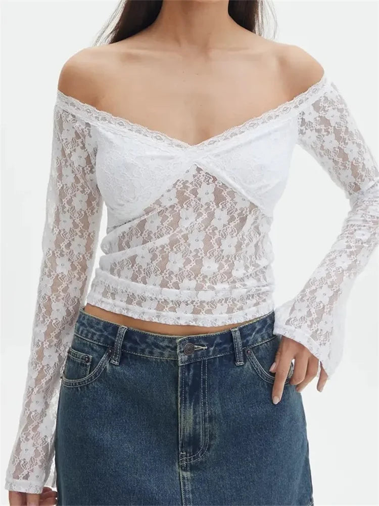 Vintage Lace Crop Tops Long Sleeve Off-Shoulder Casual Pullovers T-shirts