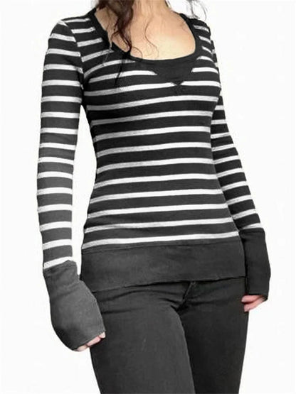 Vintage Striped Print Knitted  Long Sleeve Slim Fit  T-shirts