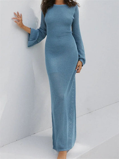 Women Autumn Knitted  Solid  Sleeve Round Neck Backless Tie-Up Slim Party Beach  Female Vestidos