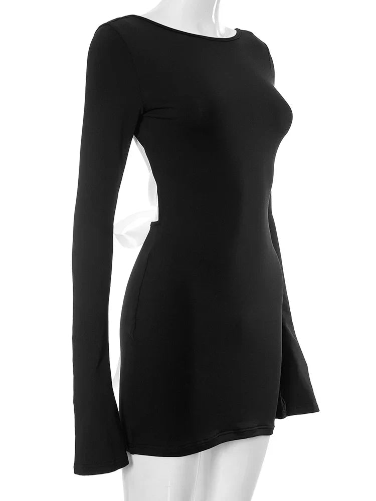 Autumn Slim Fit Backless Black Long Mini Dress