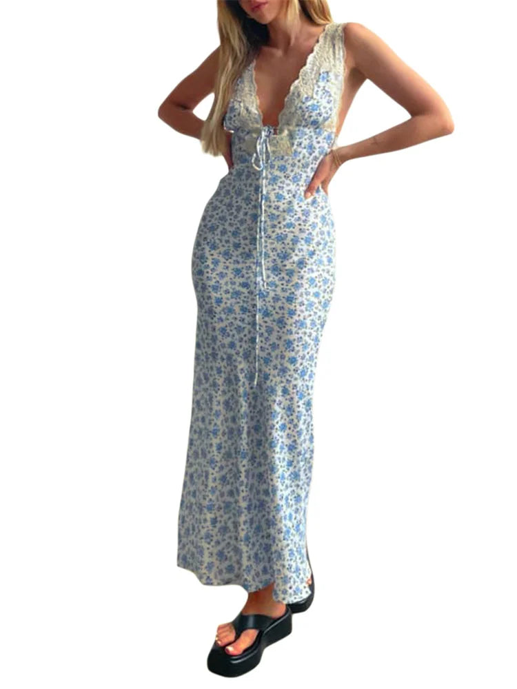 Women Backless  Sexy Floral Print Sleeveless Lace V-neck Cocktail Slim Spaghetti Strap Vestidos Party