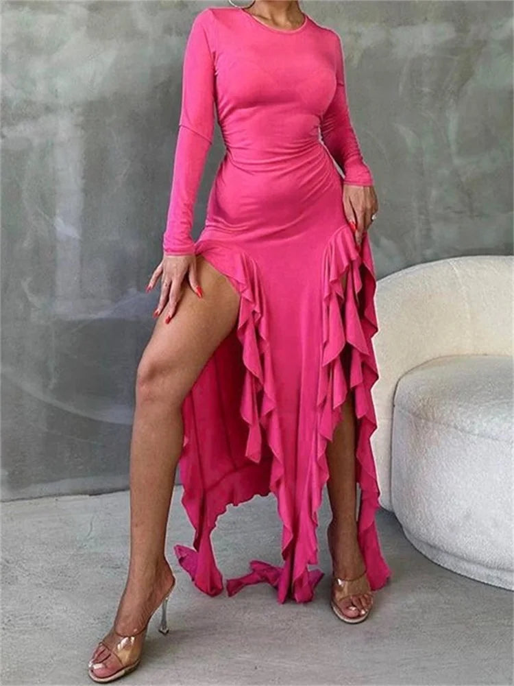 Women Bodycon  Fashion  Sleeve Solid Color High Split Ruffles Ruched Party Female Vestidos