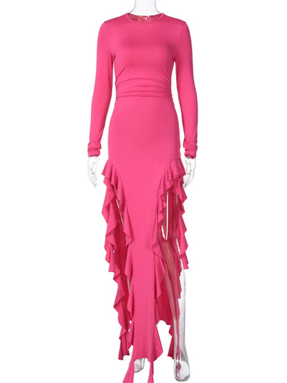 Women Bodycon  Fashion  Sleeve Solid Color High Split Ruffles Ruched Party Female Vestidos