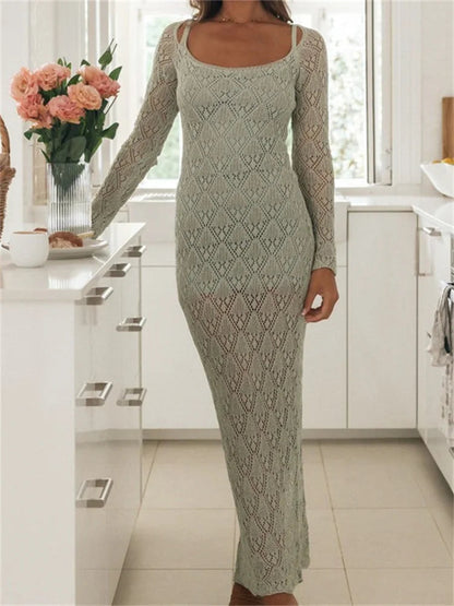 Women Bodycon  Lace See Through Hollow Out O-neck  Sleeve Back Split Party Female Vestidos