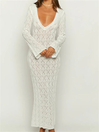 Women Crochet Knitted  Sleeve  Hollow Out V-neck Backless Lace-up Beach Cover Ups Summer Vestidos