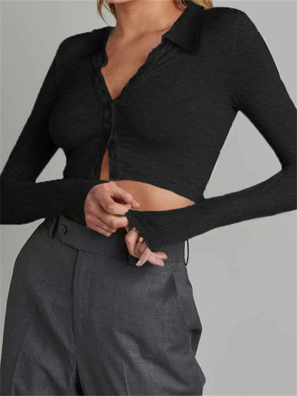 Solid Color Long Sleeve Basic Cropped Ribbed T-shirts