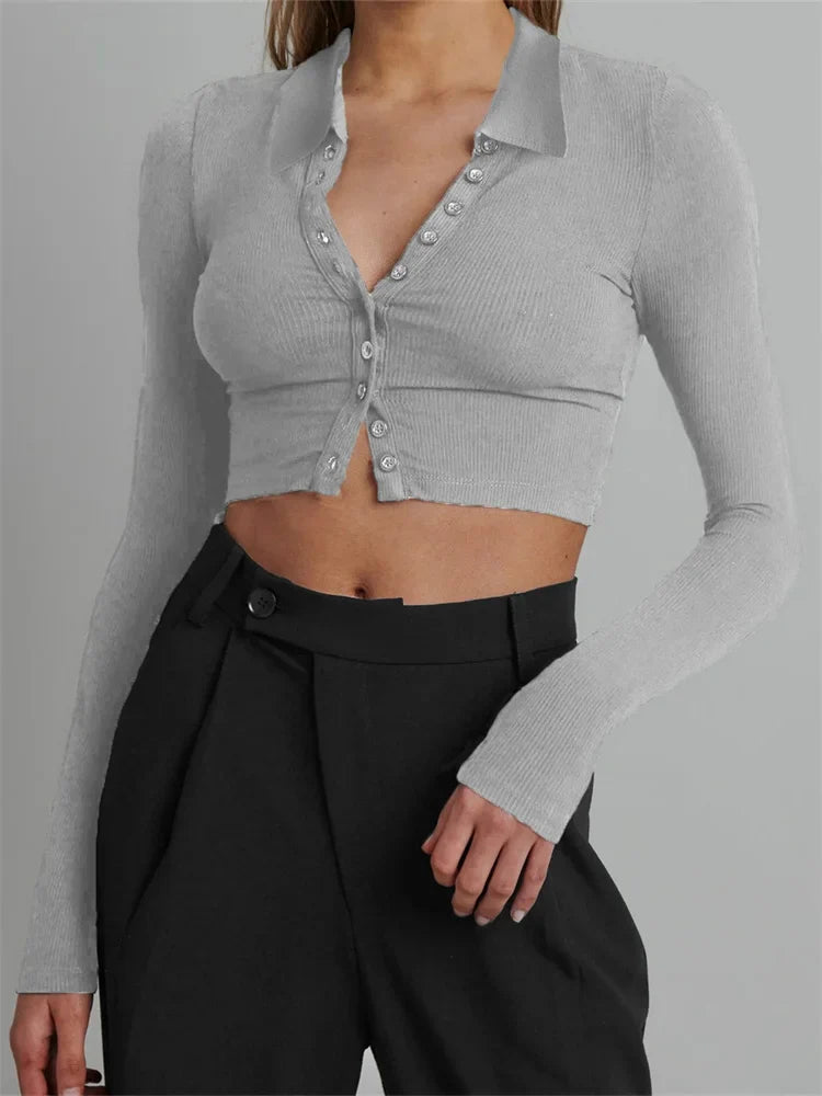 Solid Color Long Sleeve Basic Cropped Ribbed T-shirts