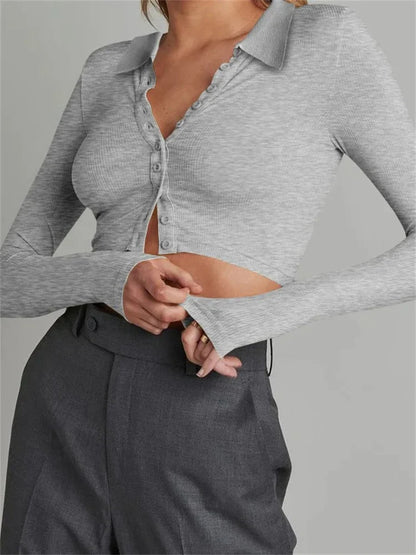 Solid Color Long Sleeve Basic Cropped Ribbed T-shirts