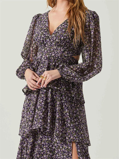 Women High Split Floral Print   Puff Sleeve V Neck Layered Ruffles Hem Spring Fall Vestidos