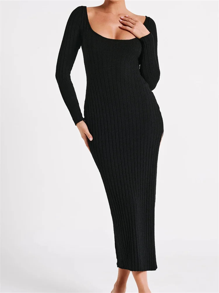 Women Knitted Bodycon  Solid Color Ribbed Round Neck  Sleeve Side Split Spring Fall Vestidos