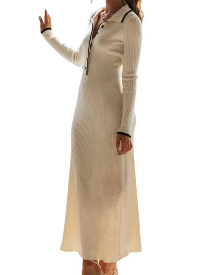 Women Knitted  Sleeve Turn-down Neck Buttons Up Ribbed  Party Slim Fit Fall Female Vestidos