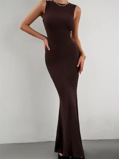 Women Knitted  Sleeveless Round Neck Solid Color Slim Fit Ruched Tank Cocktail Party Female Vestidos