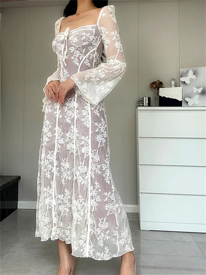 Women Lace Flower  Flare Sleeve Square Neck Tie-up  Spring Fall Solid Party Female Vestidos