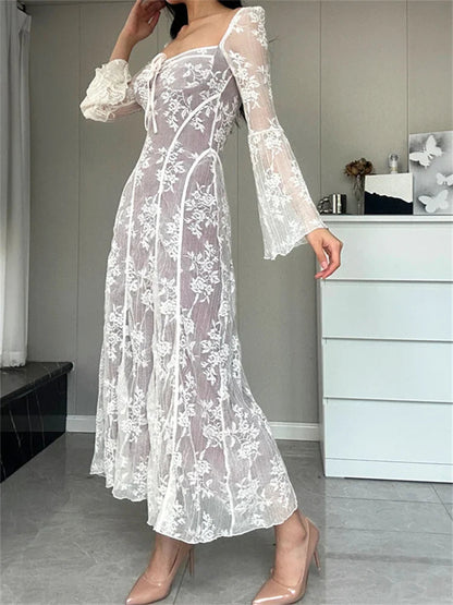 Women Lace Flower  Flare Sleeve Square Neck Tie-up  Spring Fall Solid Party Female Vestidos