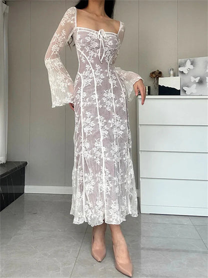 Women Lace Flower  Flare Sleeve Square Neck Tie-up  Spring Fall Solid Party Female Vestidos