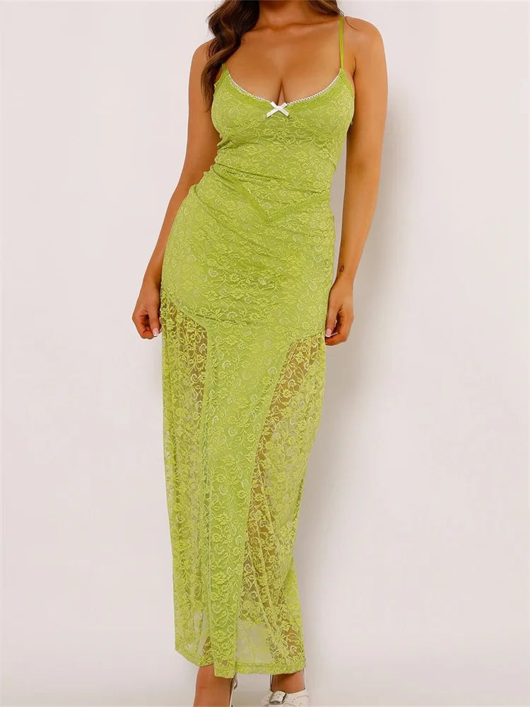 Women Lace V-neck Low Cut  Sleeveless Spaghetti Strap Solid Color Bodycon Elegant Party Vestidos