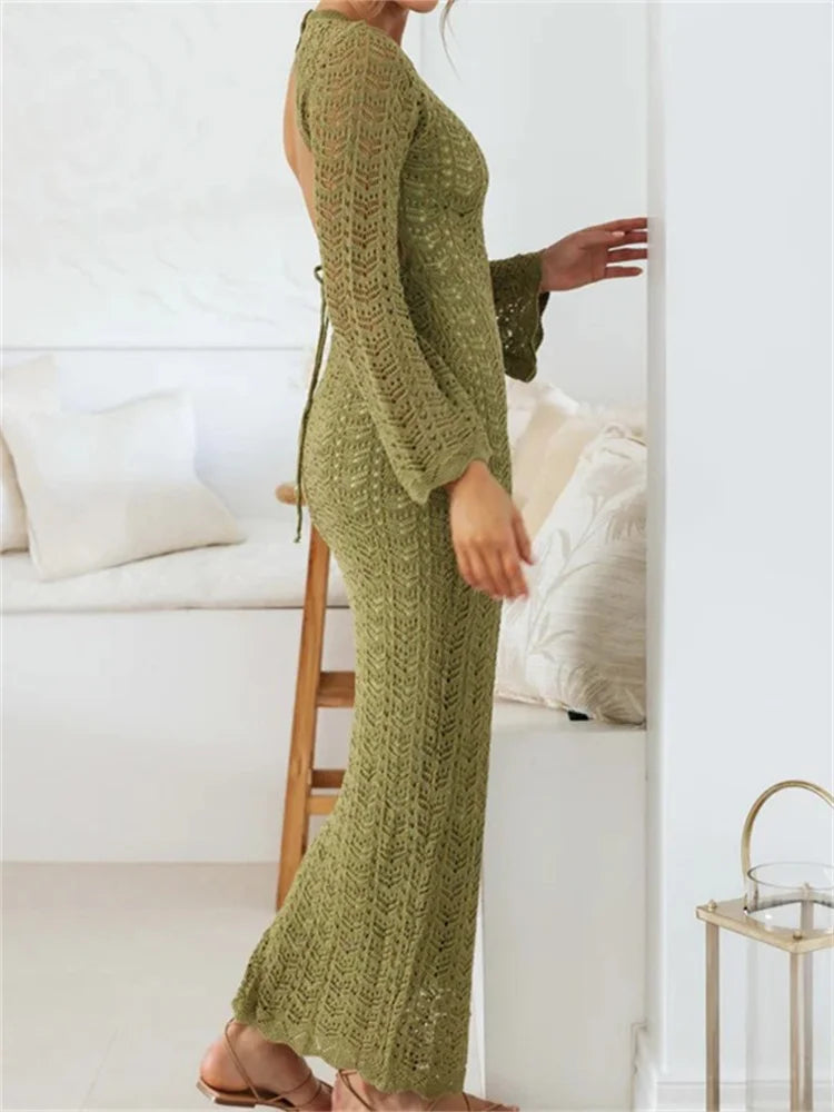 Women   Sleeve Round Neck Backless Tie-up Hollow Out Cocktail Spring Autumn Female Vestidos