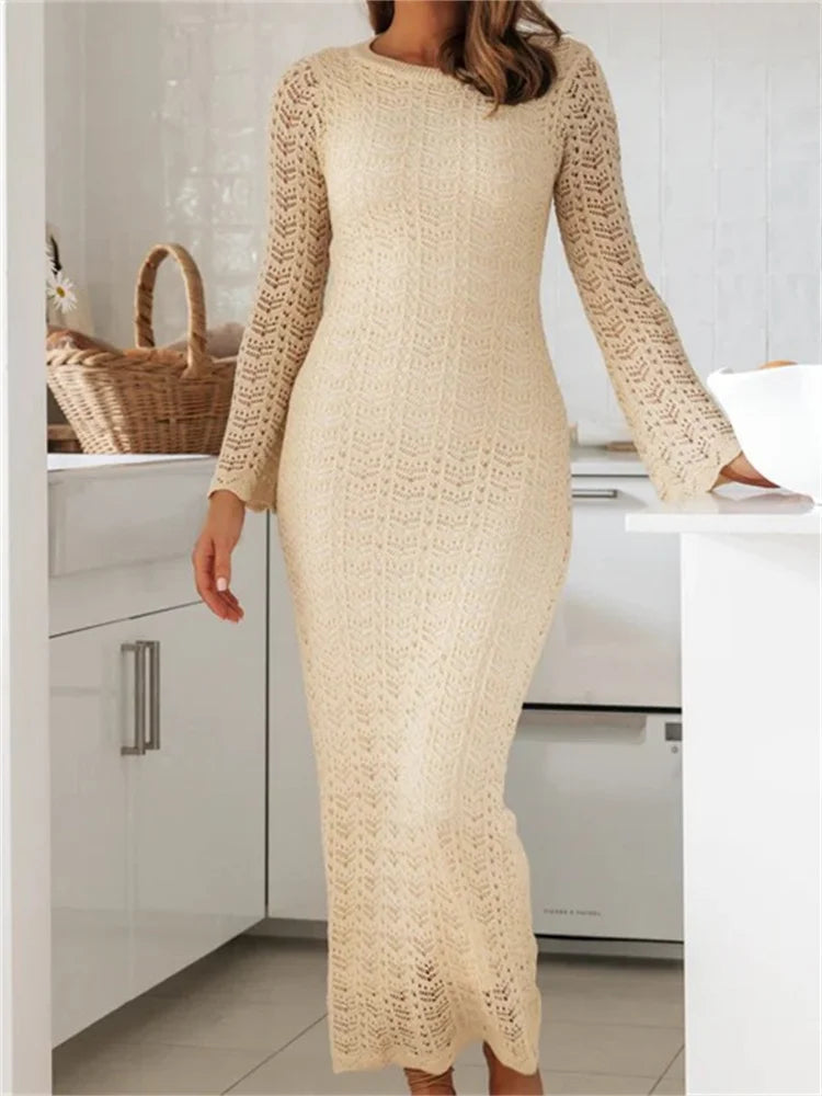 Women   Sleeve Round Neck Backless Tie-up Hollow Out Cocktail Spring Autumn Female Vestidos