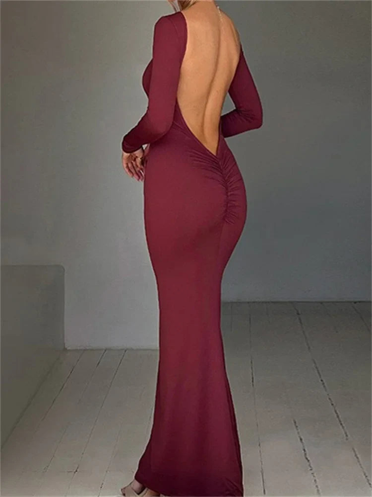 Women  Sleeve Solid Color Round Neck Backless Ruched  Spring Summer Party Female Vestidos