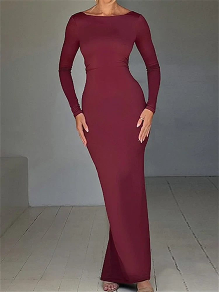 Women  Sleeve Solid Color Round Neck Backless Ruched  Spring Summer Party Female Vestidos