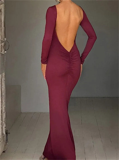 Women  Sleeve Solid Color Round Neck Backless Ruched  Spring Summer Party Female Vestidos