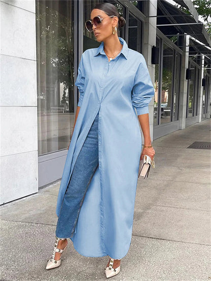 Women Loose Casual Kaftan   Shirts  Solid  Sleeve Lapel Single-breasted  Female Vestidos